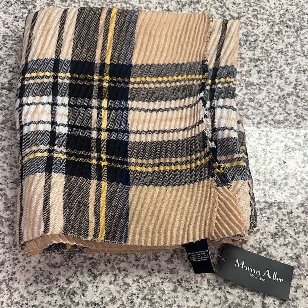 NWT Plaid Tan, Black, Yellow, and Navy Marcus Adler New York Women's Scarf